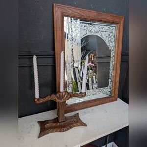 Vintage Boho MCM Carved Walnut Wood 3 Candle Holder Candelabra, Signed 1973